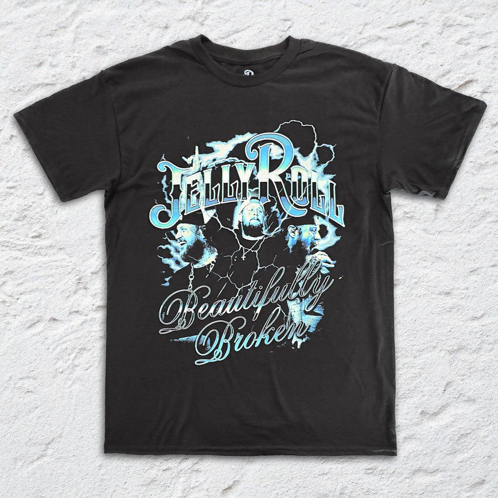 Jelly Roll - Broken Lightning - Black T-shirt featuring a bold lightning graphic for band merch tshirt.