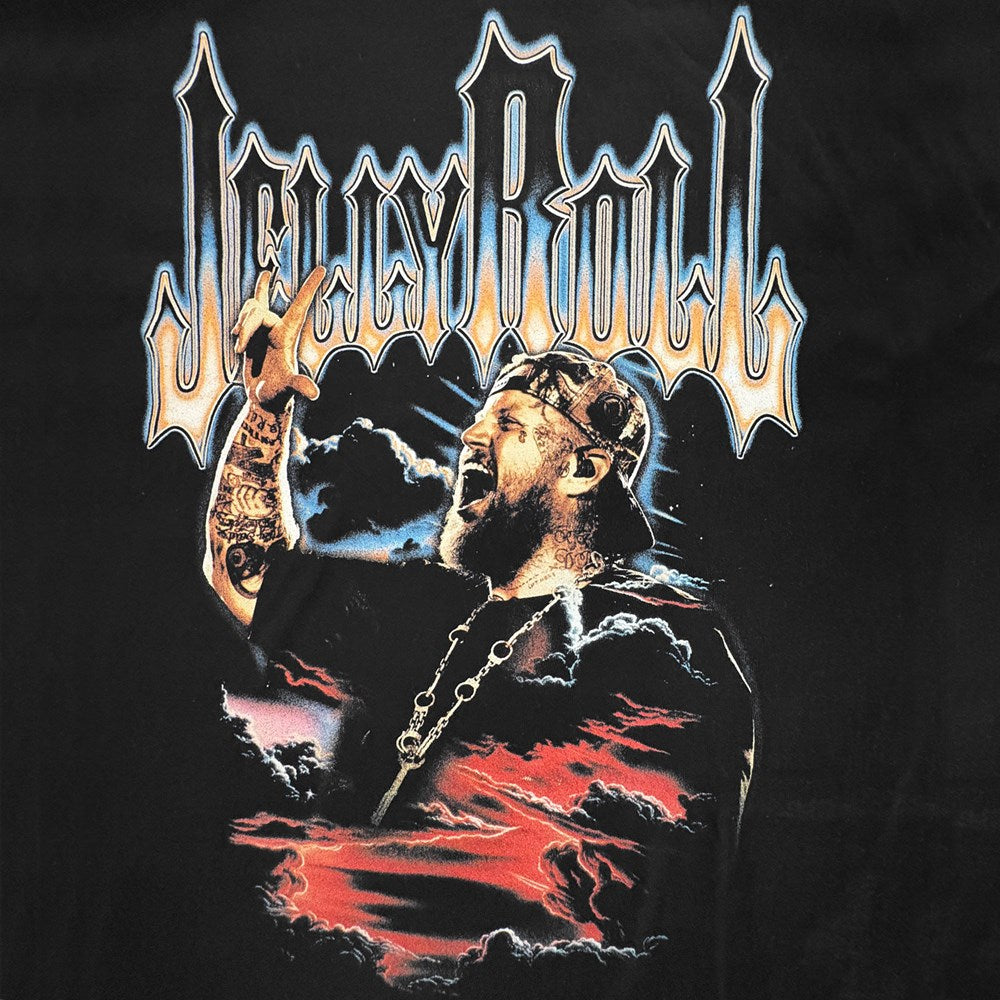 Jelly Roll - Skylines - Black T-shirt featuring vibrant graphic of Jelly Roll singing passionately with clouds in background.