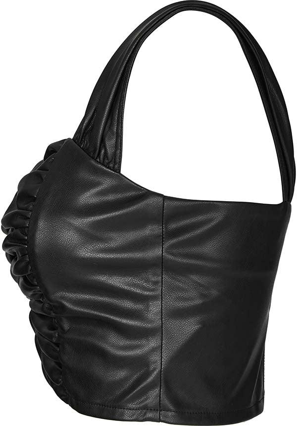 Pleated Faux Leather | TOP - Beserk - all, all clothing, all ladies, all ladies clothing, black, clothing, discountapp, faux leather, fp, googleshopping, goth, goth summer, goth summer clothing, goth tank top, gothic, gothic gifts, halloween clothing, labelnew, labelvegan, ladies, ladies clothing, ladies shirt, ladies top, ladies tops, may23, plus, plus size, PR20230509, R300523, ruched, summer clothing, summer goth, tees and tops, tops, tshirts and tops, vegan, womens crop tops