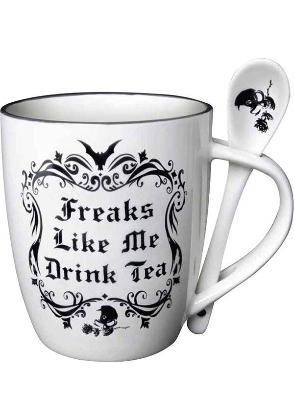 Freaks Like Me Drink Tea | MUG AND SPOON SET - Beserk - alchemy gothic, all, bat, bats, black, clickfrenzy15-2023, coffee, cup, discountapp, fp, gift, gift idea, gifts, goth, gothic, gothic gifts, gothic homewares, home, homeware, homewares, kitchen, mens gifts, mothersday, mothersdaycosy, mug, R300920, sep20, skull, skulls, spoon, winter, winter homewares