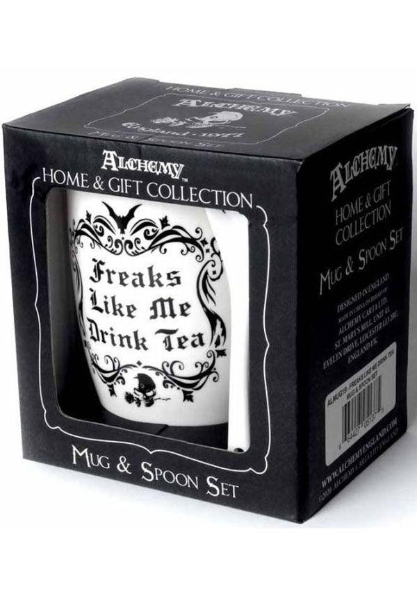 Freaks Like Me Drink Tea | MUG AND SPOON SET - Beserk - alchemy gothic, all, bat, bats, black, clickfrenzy15-2023, coffee, cup, discountapp, fp, gift, gift idea, gifts, goth, gothic, gothic gifts, gothic homewares, home, homeware, homewares, kitchen, mens gifts, mothersday, mothersdaycosy, mug, R300920, sep20, skull, skulls, spoon, winter, winter homewares