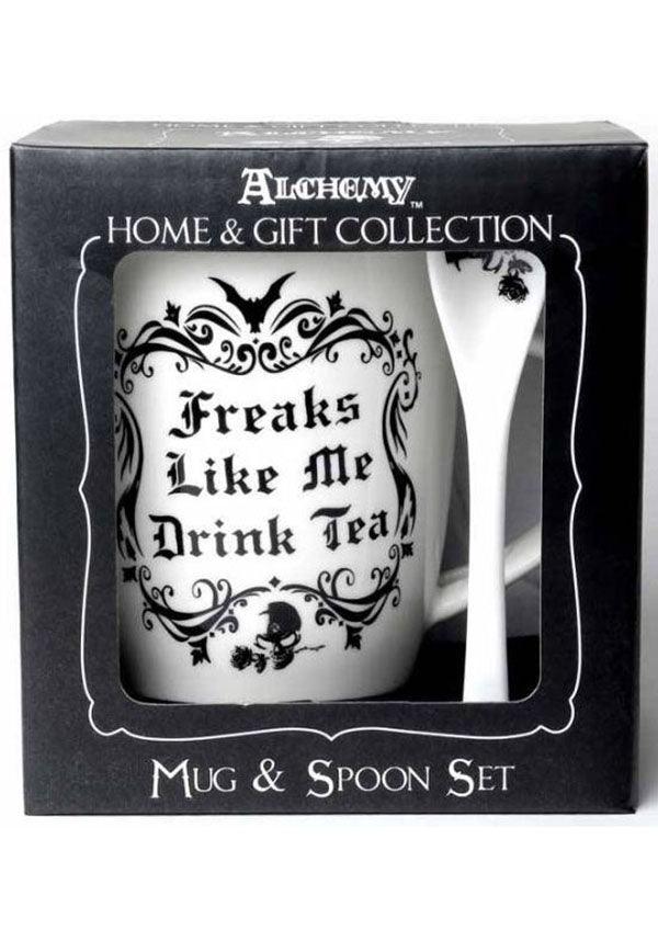 Freaks Like Me Drink Tea | MUG AND SPOON SET - Beserk - alchemy gothic, all, bat, bats, black, clickfrenzy15-2023, coffee, cup, discountapp, fp, gift, gift idea, gifts, goth, gothic, gothic gifts, gothic homewares, home, homeware, homewares, kitchen, mens gifts, mothersday, mothersdaycosy, mug, R300920, sep20, skull, skulls, spoon, winter, winter homewares