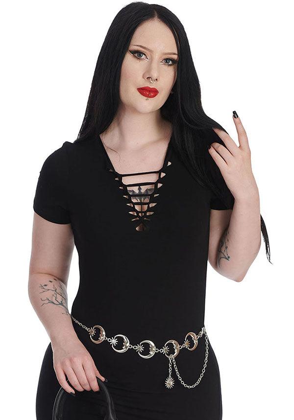 Crescent Moon | BELT - Beserk - accessories, all, BA39270, banned apparel, belt, belts, belts and buckles, chain, clickfrenzy15-2023, crescent moon, discountapp, fp, googleshopping, goth, gothic, gothic accessories, jan23, ladies accessories, metal, moon, moon phase, R050123, silver, sun, waist belt, witchy