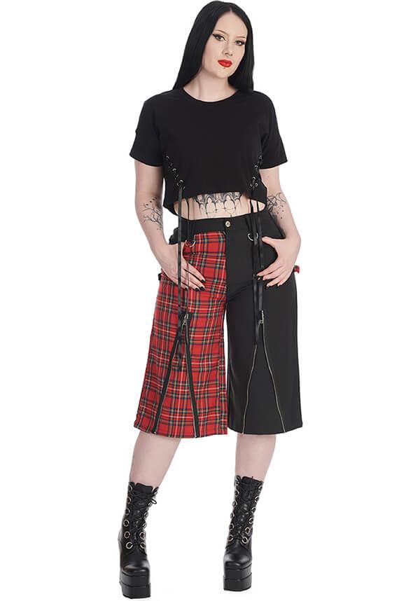 Taffy Half And Half | PANTS - Beserk - all, all clothing, all ladies clothing, BA39762, clickfrenzy15-2023, clothing, d ring, discountapp, edgy, fp, googleshopping, goth, gothic, ladies clothing, ladies pants, ladies pants + shorts, ladies pants and shorts, mar23, pants, plus size, pockets, punk, R120323, red and black, shorts, split, tartan, womens pants, zip