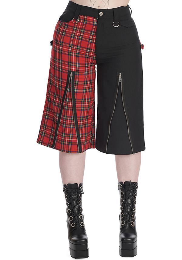 Taffy Half And Half | PANTS - Beserk - all, all clothing, all ladies clothing, BA39762, clickfrenzy15-2023, clothing, d ring, discountapp, edgy, fp, googleshopping, goth, gothic, ladies clothing, ladies pants, ladies pants + shorts, ladies pants and shorts, mar23, pants, plus size, pockets, punk, R120323, red and black, shorts, split, tartan, womens pants, zip