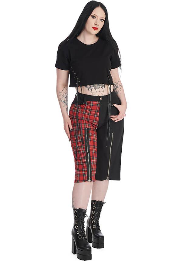 Taffy Half And Half | PANTS - Beserk - all, all clothing, all ladies clothing, BA39762, clickfrenzy15-2023, clothing, d ring, discountapp, edgy, fp, googleshopping, goth, gothic, ladies clothing, ladies pants, ladies pants + shorts, ladies pants and shorts, mar23, pants, plus size, pockets, punk, R120323, red and black, shorts, split, tartan, womens pants, zip