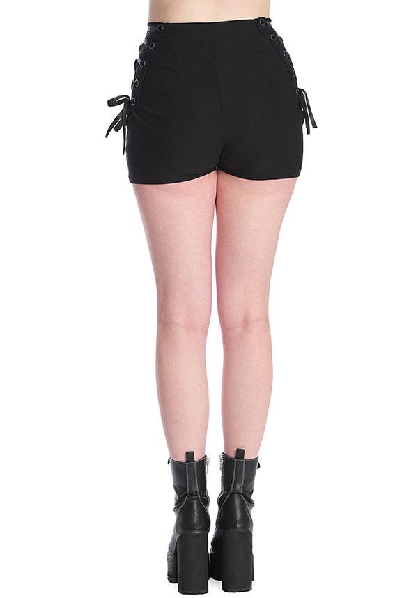 Nyx | SHORTS^ - Beserk - all clothing, all ladies clothing, BA37116, BA37495, backorder, black, clickfrenzy15-2023, clothing, crescent moon, derby shorts, discountapp, fp, goth, gothic, grunge, ladies clothing, ladies pants + shorts, ladies pants and shorts, moon, moon phase, oct22, pentagram, punk, R041022, short shorts, shorts