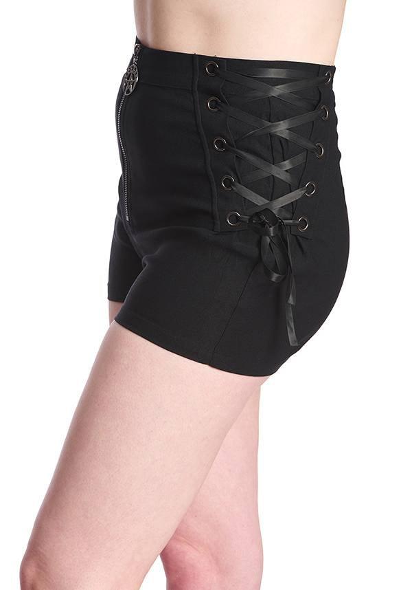 Nyx | SHORTS^ - Beserk - all clothing, all ladies clothing, BA37116, BA37495, backorder, black, clickfrenzy15-2023, clothing, crescent moon, derby shorts, discountapp, fp, goth, gothic, grunge, ladies clothing, ladies pants + shorts, ladies pants and shorts, moon, moon phase, oct22, pentagram, punk, R041022, short shorts, shorts