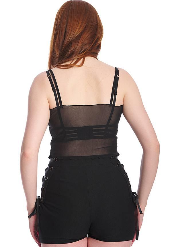 Nyx | SHORTS^ - Beserk - all clothing, all ladies clothing, BA37116, BA37495, backorder, black, clickfrenzy15-2023, clothing, crescent moon, derby shorts, discountapp, fp, goth, gothic, grunge, ladies clothing, ladies pants + shorts, ladies pants and shorts, moon, moon phase, oct22, pentagram, punk, R041022, short shorts, shorts