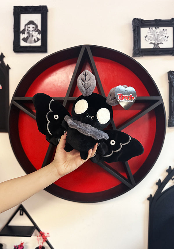 Plush toy resembling a black cat with white paws held in front of a red pentagram wall decoration.