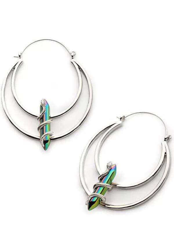 Luna Vitrail Snake | PLUG HOOP EARRINGS - Beserk - accessories, all, all ladies, bodyvibe, BV0605556, crescent moon, crystal, crystals, discountapp, earrings, fp, googleshopping, goth, gothic, gothic accessories, gothic gifts, hoop earrings, jewellery, jewelry, labelnew, ladies, ladies accessories, may23, moon, moon phase, mothers day, mothersday, multi, multicolour, R250523, rainbow, silver, snake, witchy, women, womens