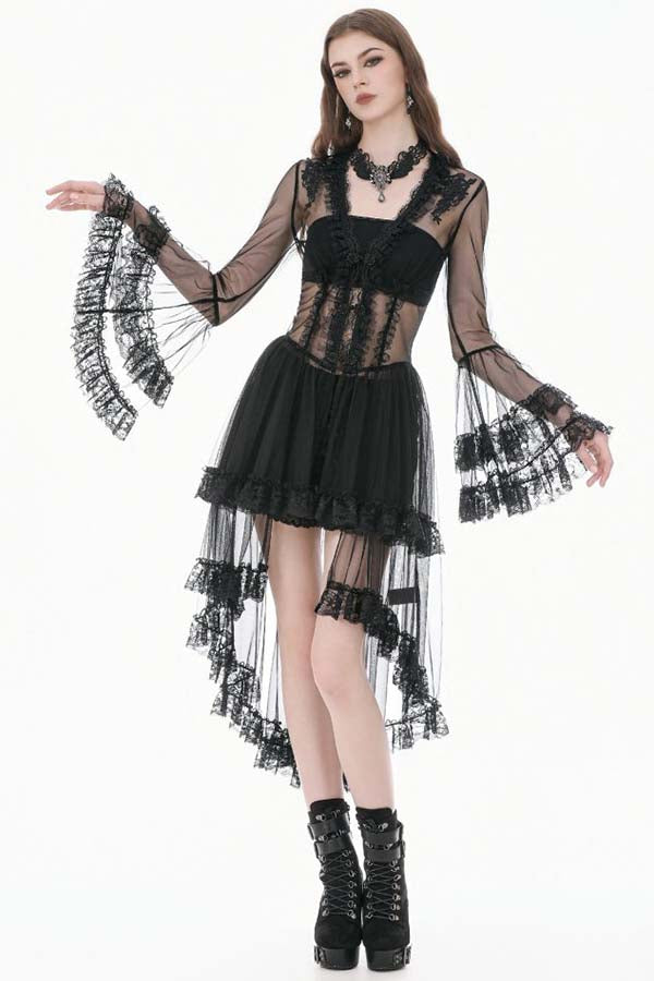 Lace Patchwork Deep-V Flare Sleeve | DRESS