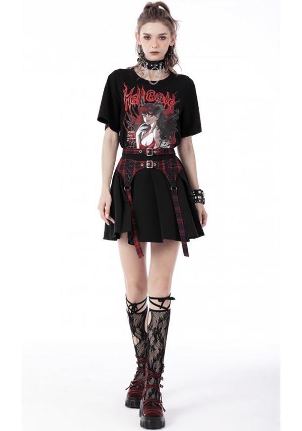 Nimue | SKIRT^ - Beserk - all, all clothing, all ladies clothing, anime skirt, backorder, black, buckles, clickfrenzy15-2023, clothing, dark in love, DIL220811, discountapp, fp, googleshopping, goth, gothic, grunge, ladies clothing, ladies skirt, mini skirt, plaid, punk, R130922, red, sep22, Sept, short skirt, skirt, skirts, street ware, street wear, streetwear, tartan, womens skirt