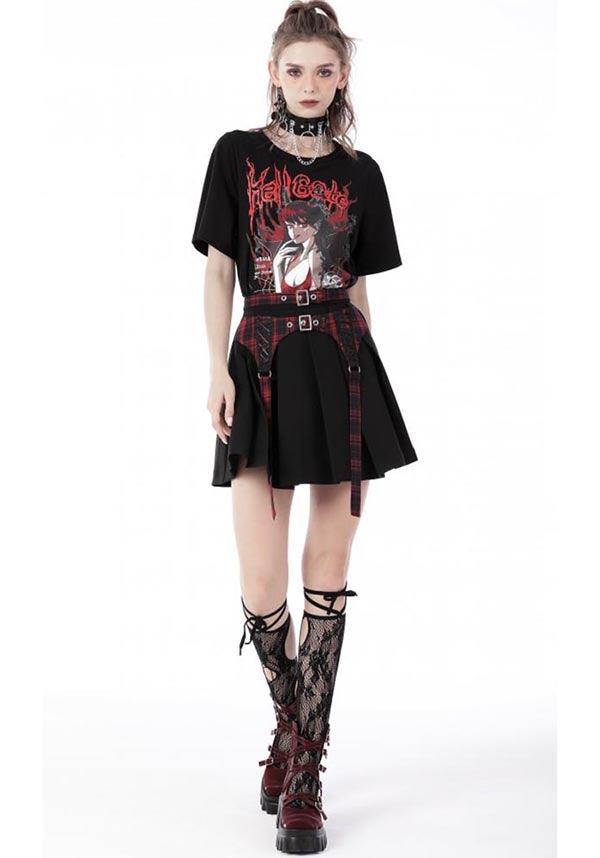 Nimue | SKIRT^ - Beserk - all, all clothing, all ladies clothing, anime skirt, backorder, black, buckles, clickfrenzy15-2023, clothing, dark in love, DIL220811, discountapp, fp, googleshopping, goth, gothic, grunge, ladies clothing, ladies skirt, mini skirt, plaid, punk, R130922, red, sep22, Sept, short skirt, skirt, skirts, street ware, street wear, streetwear, tartan, womens skirt