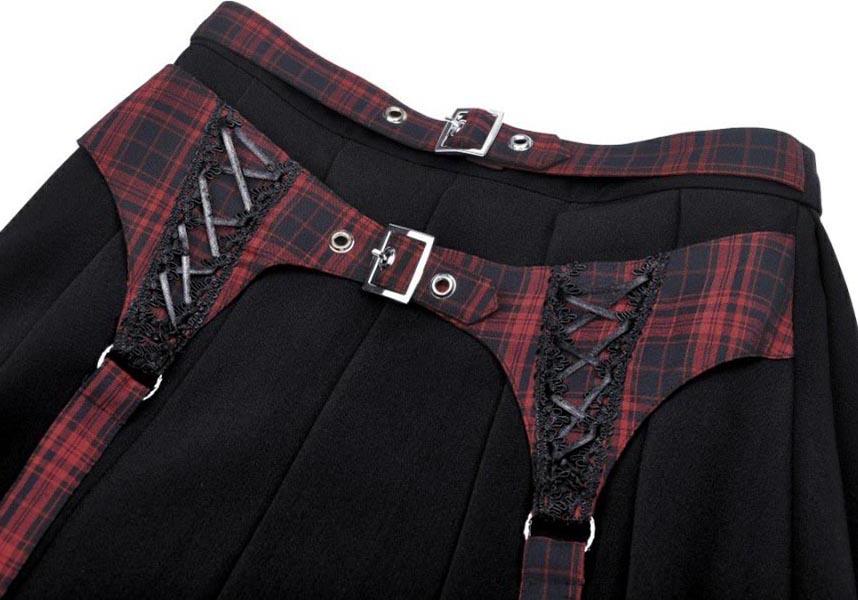 Nimue | SKIRT^ - Beserk - all, all clothing, all ladies clothing, anime skirt, backorder, black, buckles, clickfrenzy15-2023, clothing, dark in love, DIL220811, discountapp, fp, googleshopping, goth, gothic, grunge, ladies clothing, ladies skirt, mini skirt, plaid, punk, R130922, red, sep22, Sept, short skirt, skirt, skirts, street ware, street wear, streetwear, tartan, womens skirt