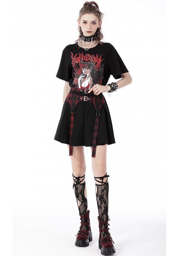 Nimue | SKIRT^ - Beserk - all, all clothing, all ladies clothing, anime skirt, backorder, black, buckles, clickfrenzy15-2023, clothing, dark in love, DIL220811, discountapp, fp, googleshopping, goth, gothic, grunge, ladies clothing, ladies skirt, mini skirt, plaid, punk, R130922, red, sep22, Sept, short skirt, skirt, skirts, street ware, street wear, streetwear, tartan, womens skirt