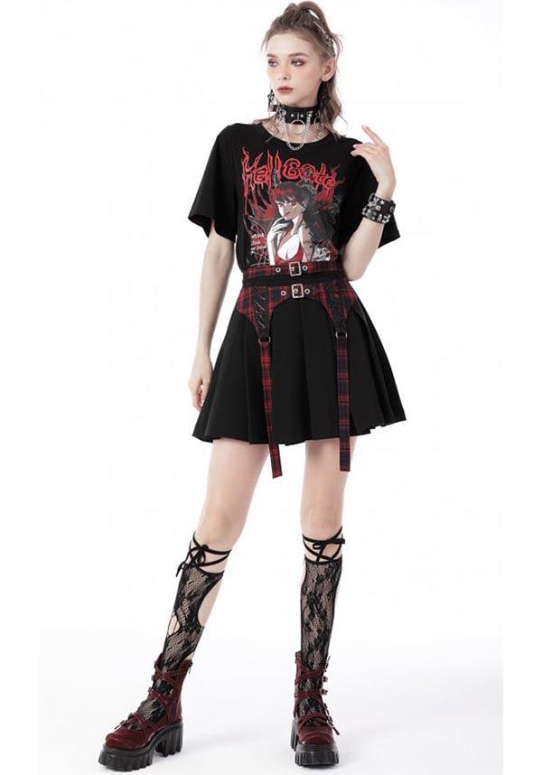 Nimue | SKIRT^ - Beserk - all, all clothing, all ladies clothing, anime skirt, backorder, black, buckles, clickfrenzy15-2023, clothing, dark in love, DIL220811, discountapp, fp, googleshopping, goth, gothic, grunge, ladies clothing, ladies skirt, mini skirt, plaid, punk, R130922, red, sep22, Sept, short skirt, skirt, skirts, street ware, street wear, streetwear, tartan, womens skirt