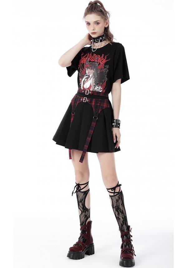 Nimue | SKIRT^ - Beserk - all, all clothing, all ladies clothing, anime skirt, backorder, black, buckles, clickfrenzy15-2023, clothing, dark in love, DIL220811, discountapp, fp, googleshopping, goth, gothic, grunge, ladies clothing, ladies skirt, mini skirt, plaid, punk, R130922, red, sep22, Sept, short skirt, skirt, skirts, street ware, street wear, streetwear, tartan, womens skirt