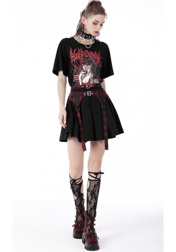 Nimue | SKIRT^ - Beserk - all, all clothing, all ladies clothing, anime skirt, backorder, black, buckles, clickfrenzy15-2023, clothing, dark in love, DIL220811, discountapp, fp, googleshopping, goth, gothic, grunge, ladies clothing, ladies skirt, mini skirt, plaid, punk, R130922, red, sep22, Sept, short skirt, skirt, skirts, street ware, street wear, streetwear, tartan, womens skirt