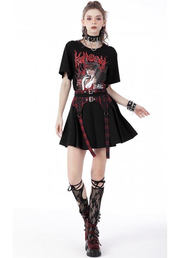 Nimue | SKIRT^ - Beserk - all, all clothing, all ladies clothing, anime skirt, backorder, black, buckles, clickfrenzy15-2023, clothing, dark in love, DIL220811, discountapp, fp, googleshopping, goth, gothic, grunge, ladies clothing, ladies skirt, mini skirt, plaid, punk, R130922, red, sep22, Sept, short skirt, skirt, skirts, street ware, street wear, streetwear, tartan, womens skirt