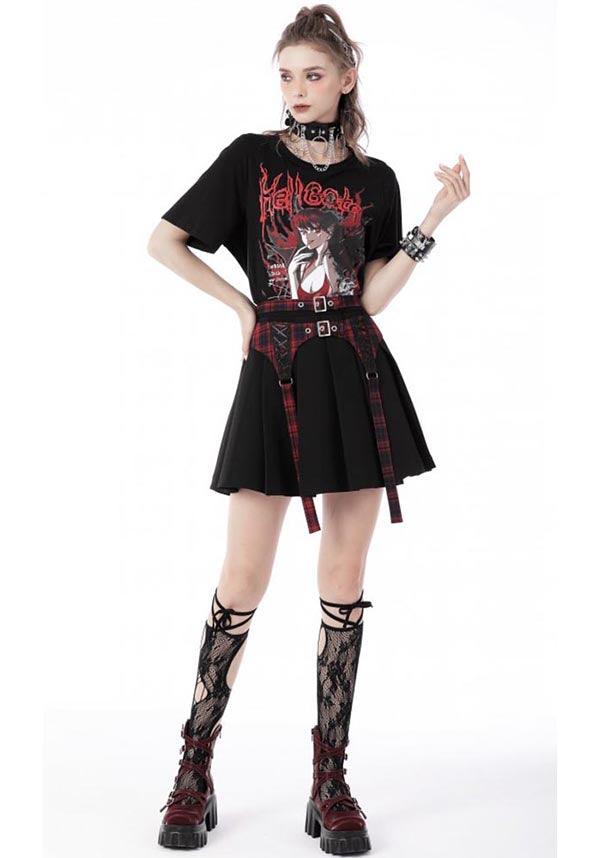 Nimue | SKIRT^ - Beserk - all, all clothing, all ladies clothing, anime skirt, backorder, black, buckles, clickfrenzy15-2023, clothing, dark in love, DIL220811, discountapp, fp, googleshopping, goth, gothic, grunge, ladies clothing, ladies skirt, mini skirt, plaid, punk, R130922, red, sep22, Sept, short skirt, skirt, skirts, street ware, street wear, streetwear, tartan, womens skirt