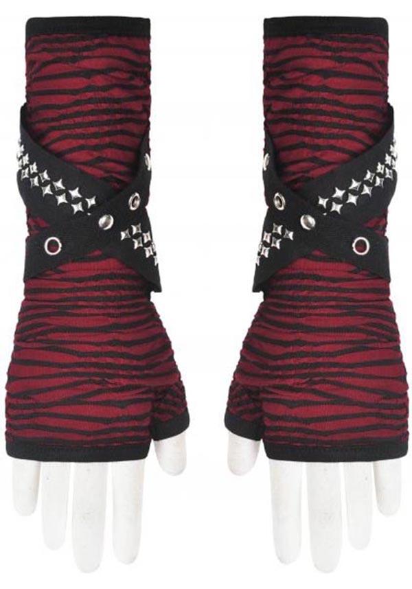 Sanguine | FINGERLESS GLOVES - Beserk - accessories, all, all ladies, clickfrenzy15-2023, cuffs, dark in love, DIL220811, discountapp, fingerless, fp, gloves and armwarmers, googleshopping, goth, gothic, grunge, ladies, ladies accessories, punk, R130922, red, red and black, sep22, Sept, stripe, striped, stripes, stripey, winter, winter clothing, winter wear, women, womens