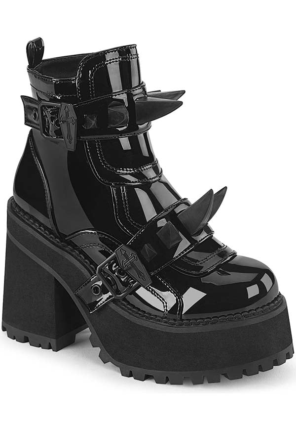 Demonia Shoes ASSAULT72 Black Patent Platform Boots Buy Online