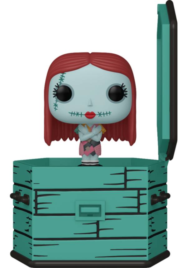 Funko Pop! vinyl figure of Sally from Nightmare Before Christmas in a teal coffin on a white background