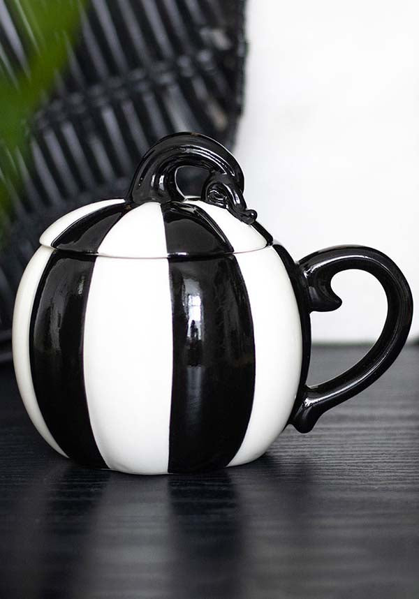 Black and White Striped Pumpkin | MUG WITH LID