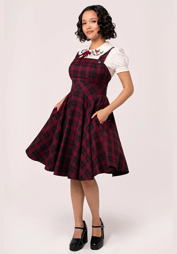 Carmina Pinafore Dress Burgundy Tartan Black Adjustable Straps Full Skirt Hidden Pockets Size L