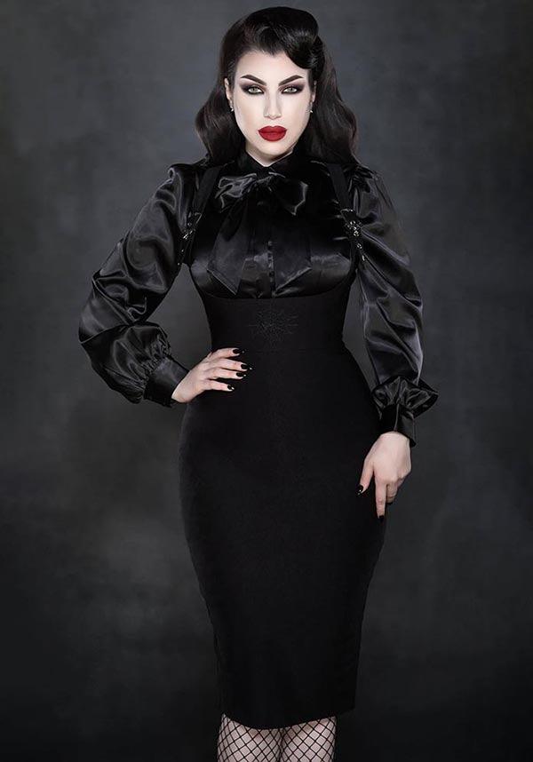 Webbed | SUSPENDER SKIRT - Beserk - all, all clothing, all ladies clothing, black, clickfrenzy15-2023, clothing, discountapp, fp, googleshopping, goth, gothic, KABESFW2022-1, knee length skirt, knee length skirts, ladies clothing, ladies skirt, long skirt, oct22, office, office clothing, pencil skirt, plus size, r191022, skirt, skirts, spider web, spiderweb, spiderwebs, suspender, suspenders, web, webs, womens skirt, work