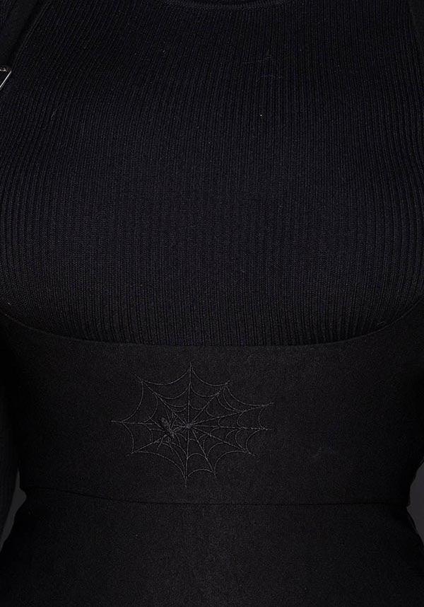 Webbed | SUSPENDER SKIRT - Beserk - all, all clothing, all ladies clothing, black, clickfrenzy15-2023, clothing, discountapp, fp, googleshopping, goth, gothic, KABESFW2022-1, knee length skirt, knee length skirts, ladies clothing, ladies skirt, long skirt, oct22, office, office clothing, pencil skirt, plus size, r191022, skirt, skirts, spider web, spiderweb, spiderwebs, suspender, suspenders, web, webs, womens skirt, work