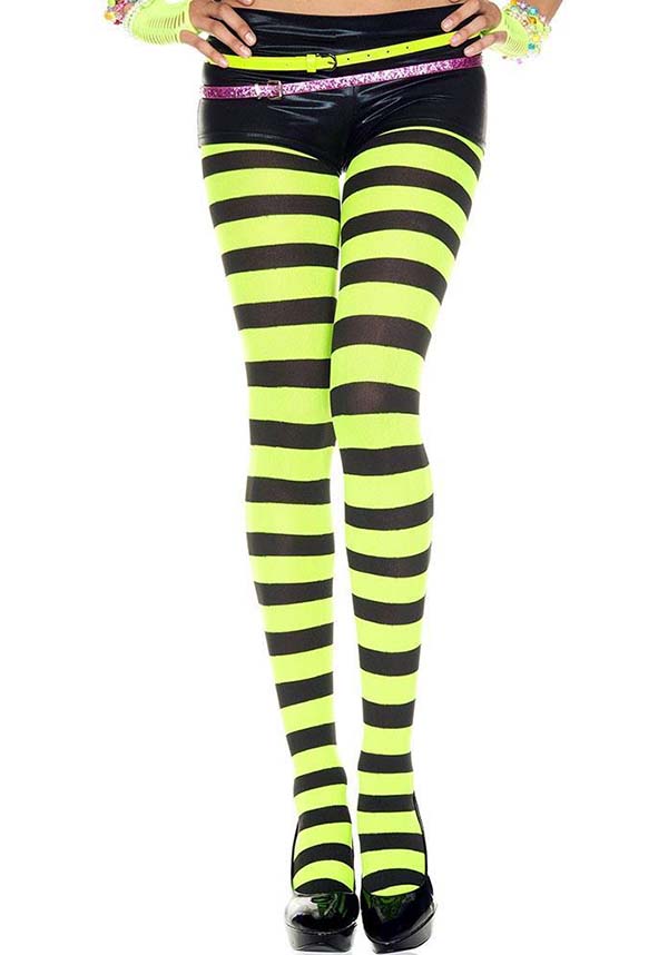 Music Legs - Wide Striped Black/Neon Green Tights - Buy Online Australia