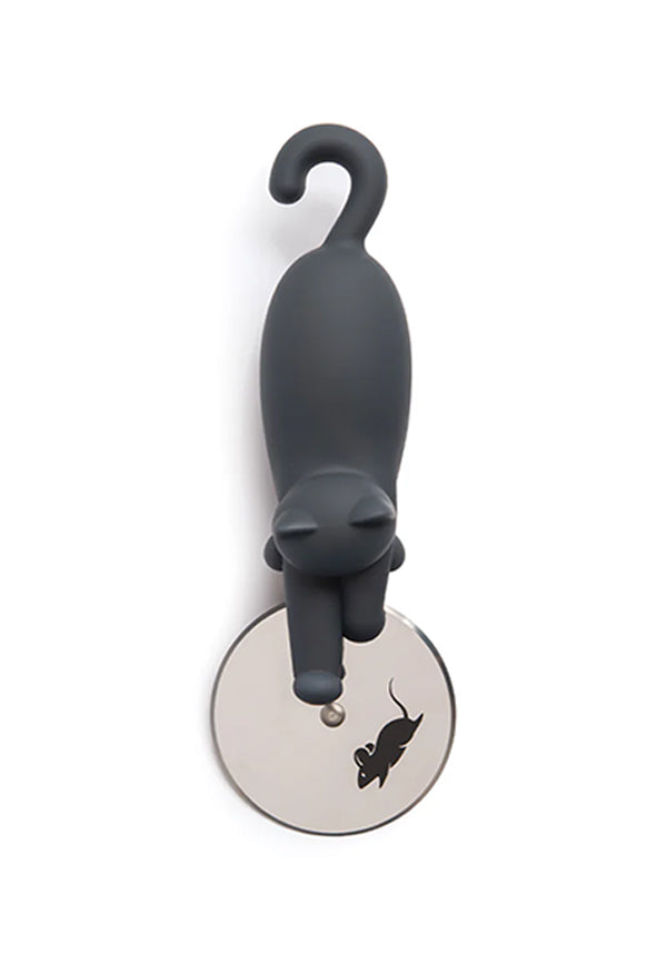Gray cat-shaped pizza cutter on a white background