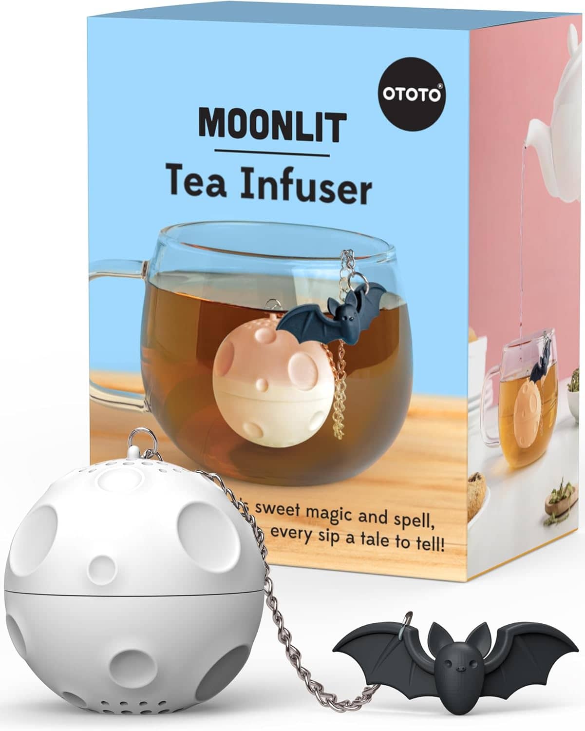 Ototo Moonlit Tea Infuser - Moon strainer with bat charm and retail packaging on white background