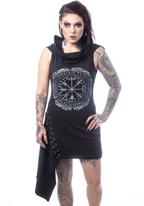 Emerie | HOOD DRESS - Beserk - all, all clothing, all ladies, all ladies clothing, asymmetric, asymmetrical, black and white, clothing, discountapp, dress, dresses, edgy, fp, googleshopping, goth, gothic, grunge, hood, hooded, innocentclothing, ladies, ladies clothing, ladies dress, ladies dresses, may23, PI30381, poizen-industries, R140523, short dress, short dresses, street ware, streetwear, viking, witchy, womens dress, womens dresses