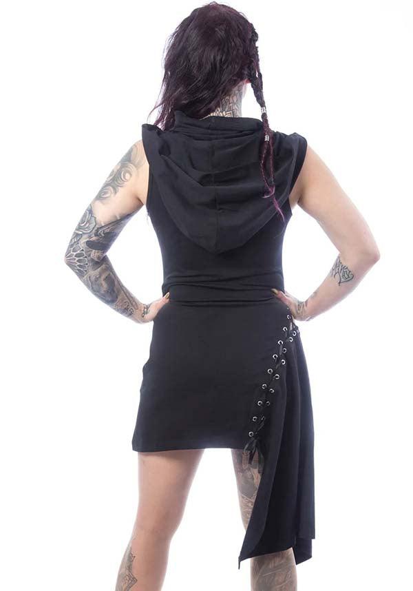 Emerie | HOOD DRESS - Beserk - all, all clothing, all ladies, all ladies clothing, asymmetric, asymmetrical, black and white, clothing, discountapp, dress, dresses, edgy, fp, googleshopping, goth, gothic, grunge, hood, hooded, innocentclothing, ladies, ladies clothing, ladies dress, ladies dresses, may23, PI30381, poizen-industries, R140523, short dress, short dresses, street ware, streetwear, viking, witchy, womens dress, womens dresses