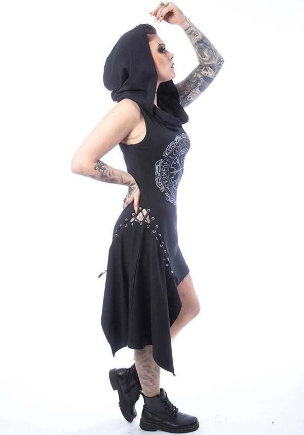 Emerie | HOOD DRESS - Beserk - all, all clothing, all ladies, all ladies clothing, asymmetric, asymmetrical, black and white, clothing, discountapp, dress, dresses, edgy, fp, googleshopping, goth, gothic, grunge, hood, hooded, innocentclothing, ladies, ladies clothing, ladies dress, ladies dresses, may23, PI30381, poizen-industries, R140523, short dress, short dresses, street ware, streetwear, viking, witchy, womens dress, womens dresses