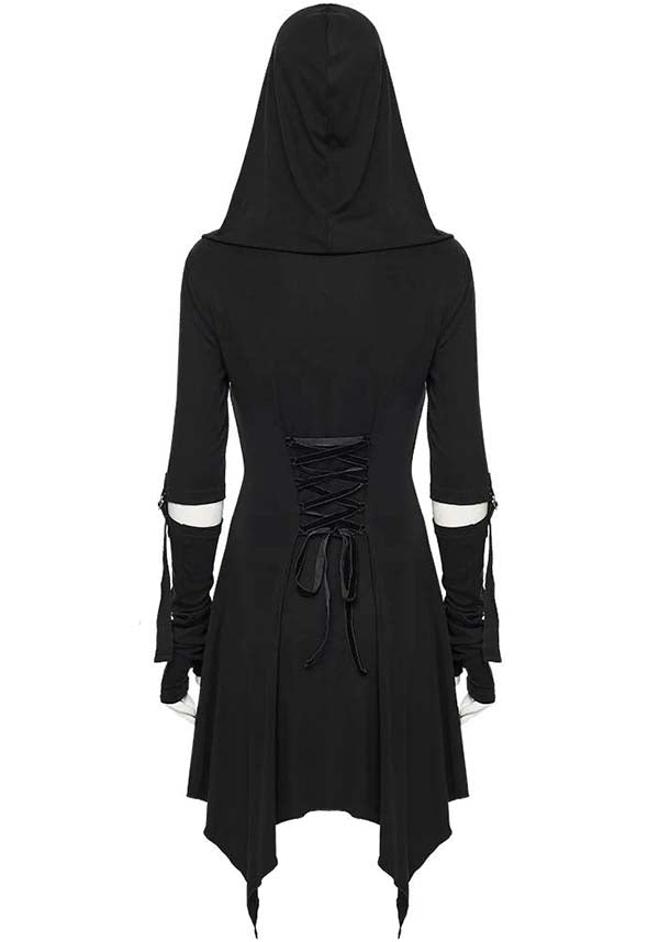 Black hooded dress with lace-up back on a white background
