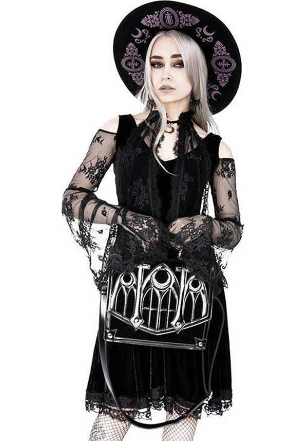 Cathedral Crescent | HANDBAG - Beserk - accessories, all, bag, black, clickfrenzy15-2023, crescent moon, discountapp, fp, gothic accessories, gothic bag, hand bag, handbag, handbags and purses, jan21, labelvegan, ladies accessories, large bag, messenger bag, moon, restyle, vegan, witch, witches, witchy