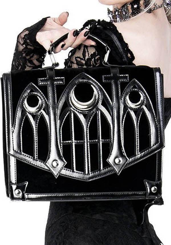Cathedral Crescent | HANDBAG - Beserk - accessories, all, bag, black, clickfrenzy15-2023, crescent moon, discountapp, fp, gothic accessories, gothic bag, hand bag, handbag, handbags and purses, jan21, labelvegan, ladies accessories, large bag, messenger bag, moon, restyle, vegan, witch, witches, witchy