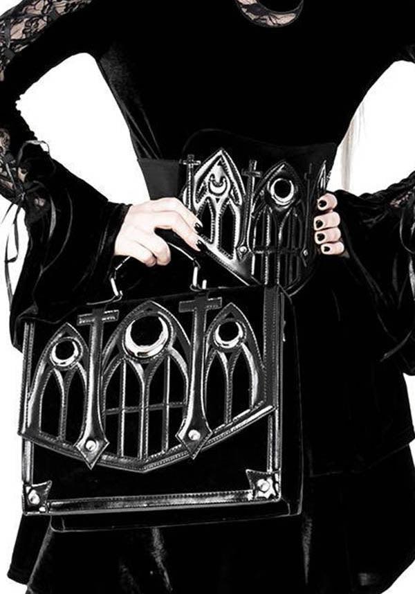 Cathedral Crescent | HANDBAG - Beserk - accessories, all, bag, black, clickfrenzy15-2023, crescent moon, discountapp, fp, gothic accessories, gothic bag, hand bag, handbag, handbags and purses, jan21, labelvegan, ladies accessories, large bag, messenger bag, moon, restyle, vegan, witch, witches, witchy