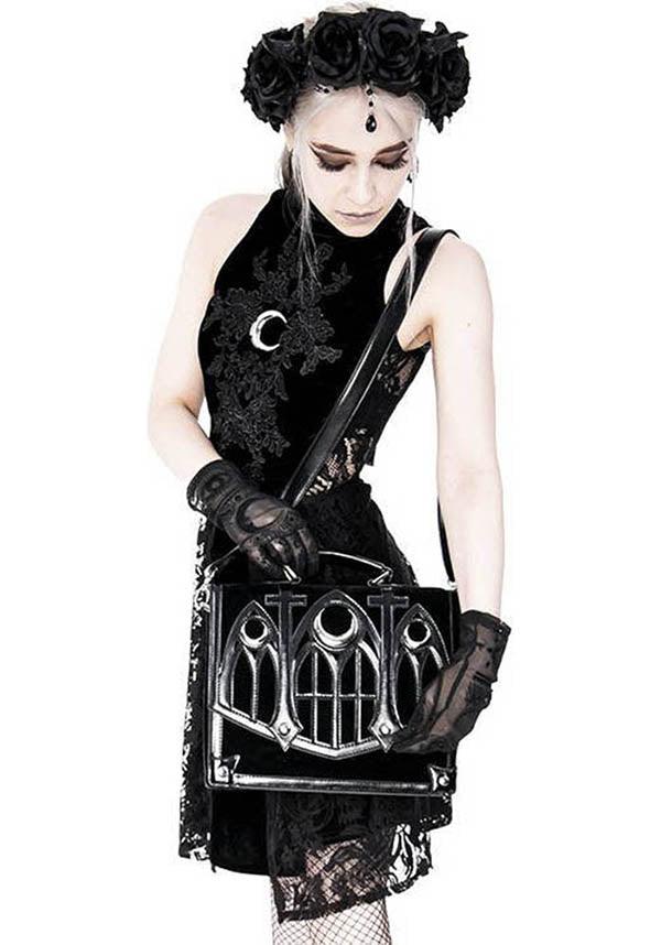 Cathedral Crescent | HANDBAG - Beserk - accessories, all, bag, black, clickfrenzy15-2023, crescent moon, discountapp, fp, gothic accessories, gothic bag, hand bag, handbag, handbags and purses, jan21, labelvegan, ladies accessories, large bag, messenger bag, moon, restyle, vegan, witch, witches, witchy