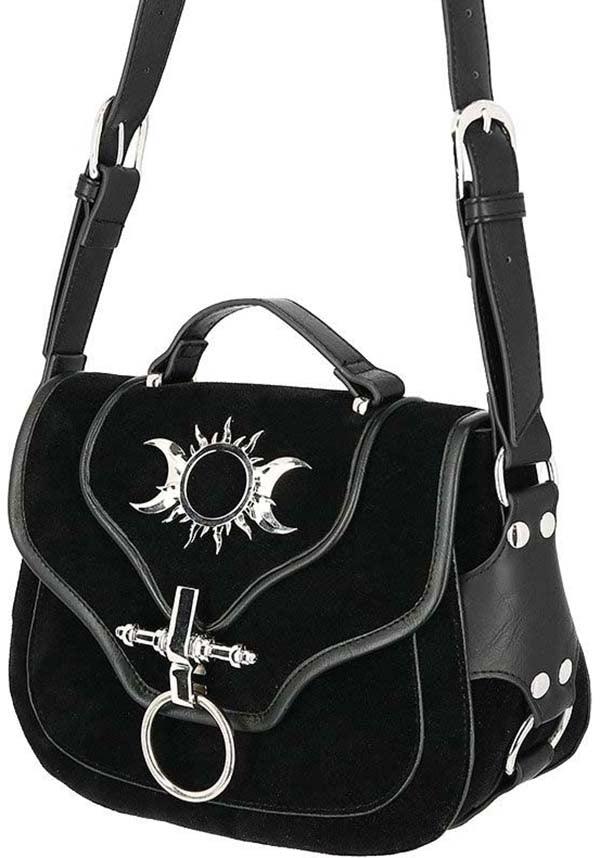 Triple Goddess | BAG - Beserk - accessories, adjustable strap, all, bag, black, clickfrenzy15-2023, crescent moon, discountapp, fp, full moon, goth, gothic, gothic accessories, handbag, handbags and purses, labelvegan, ladies, ladies accessories, moon, oct19, restyle, sun, triple moon, vegan, velvet, witch, witchy