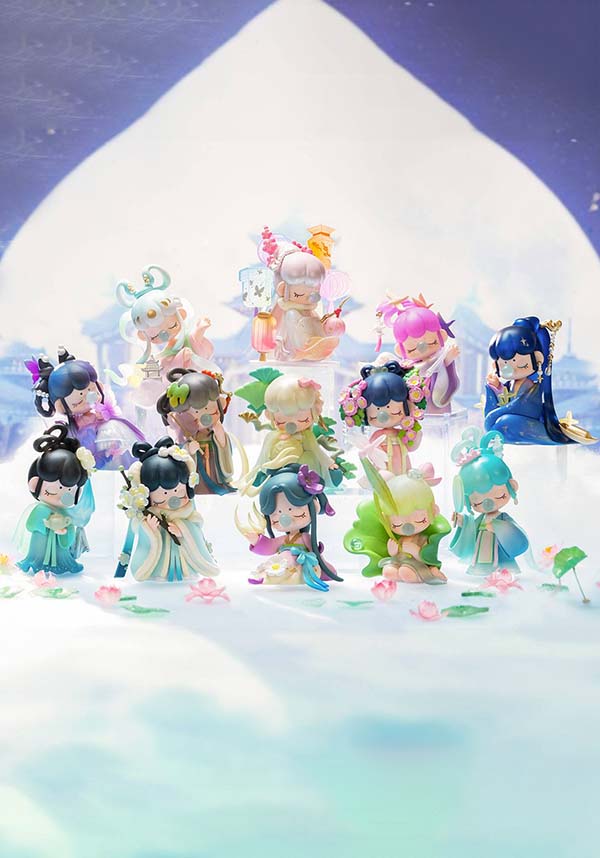 Collection of colorful figurines on a white and blue gradient background