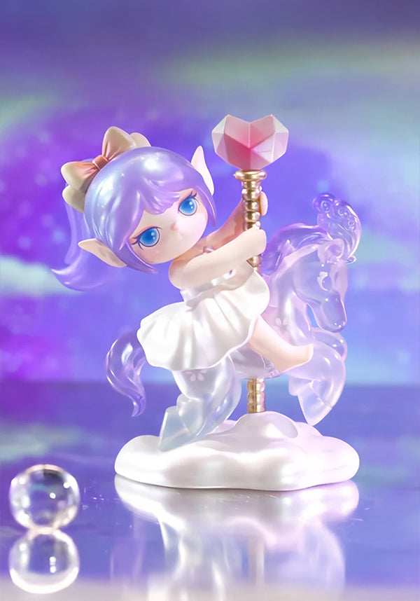 Figurine of a character with purple hair and a white dress on a crystal merry go round horse, against a gradient purple and blue background.