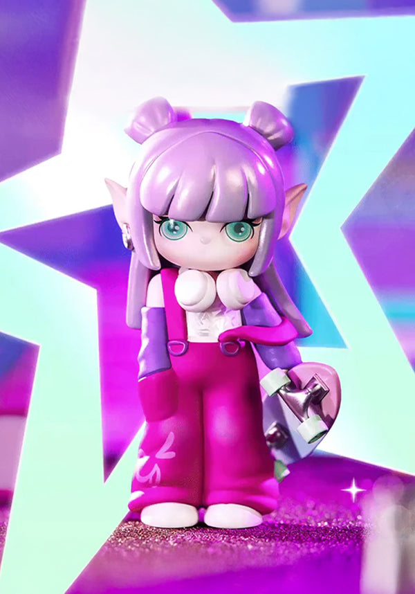 Toy figure with purple hair and outfit on a starry background