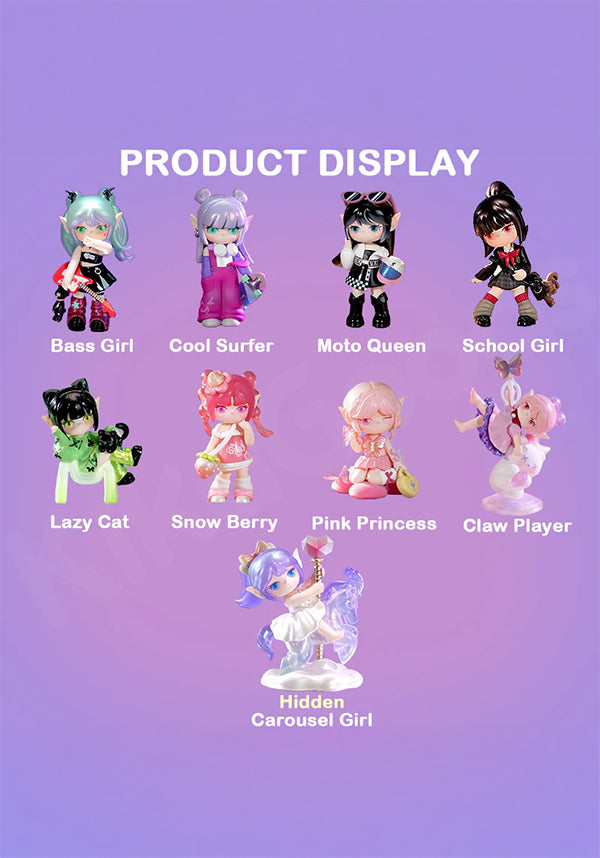 Collection of toy figurines with labels on a purple gradient background