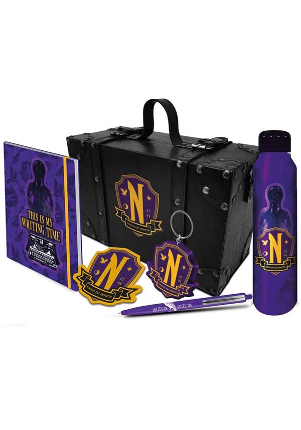 Collection of stationery items with Wednesday 'Nevermore' logo on a white background