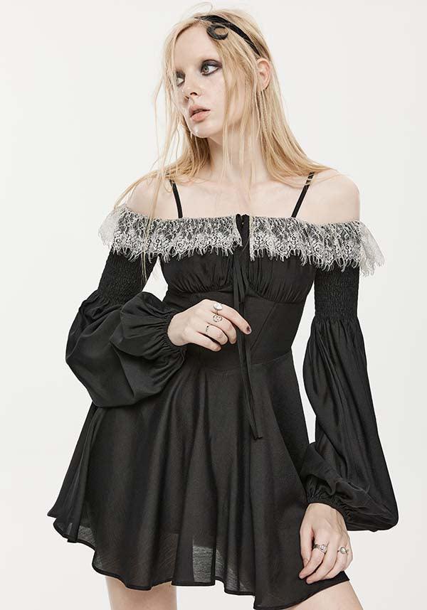 Sweet Girl | OFF-SHOULDER CHIFFON DRESS* - Beserk - all, apr23, black and white, chiffon, cinched waist, discountapp, dress, dresses, eofy2023, eofy2023punkrave30, googleshopping, goth, gothic, lace, ladies dress, ladies dresses, long sleeve, long sleeve dress, long sleeved, long sleeved dress, long sleeves, medieval, mini dress, mini dresses, off the shoulder, plus size, PR240323, punk rave, punkrave, R160423, renaissance, sale, short dress, short dresses, strappy, witchy, womens dress, womens dresses